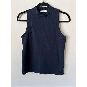 Perfect White Tee Phoebe slub jersey mock neck tank top size Small Navy